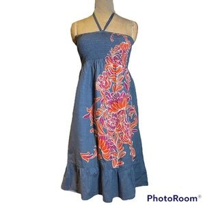 Roxy blue smocked summer dress with orange floral print Size S